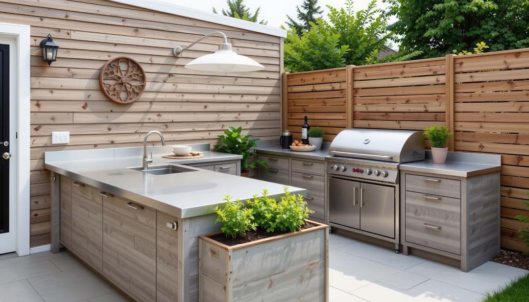 Minimalist outdoor kitchen with stainless steel counters and a s