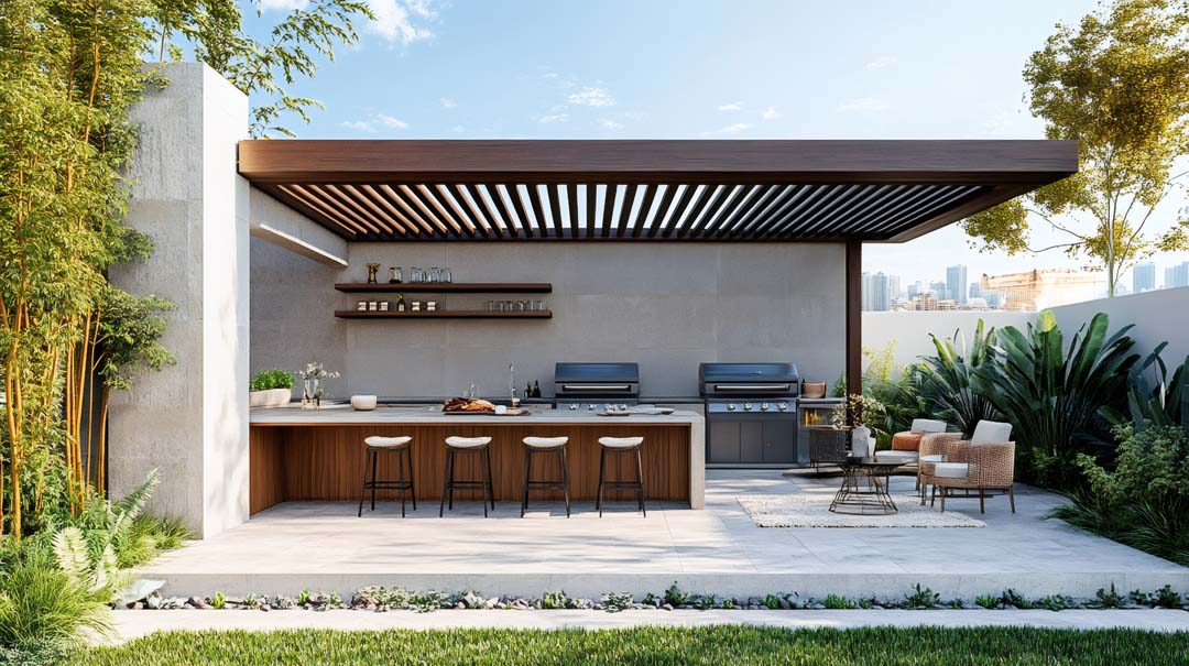 Modern outdoor kitchen featuring pergola, grill, and seating area