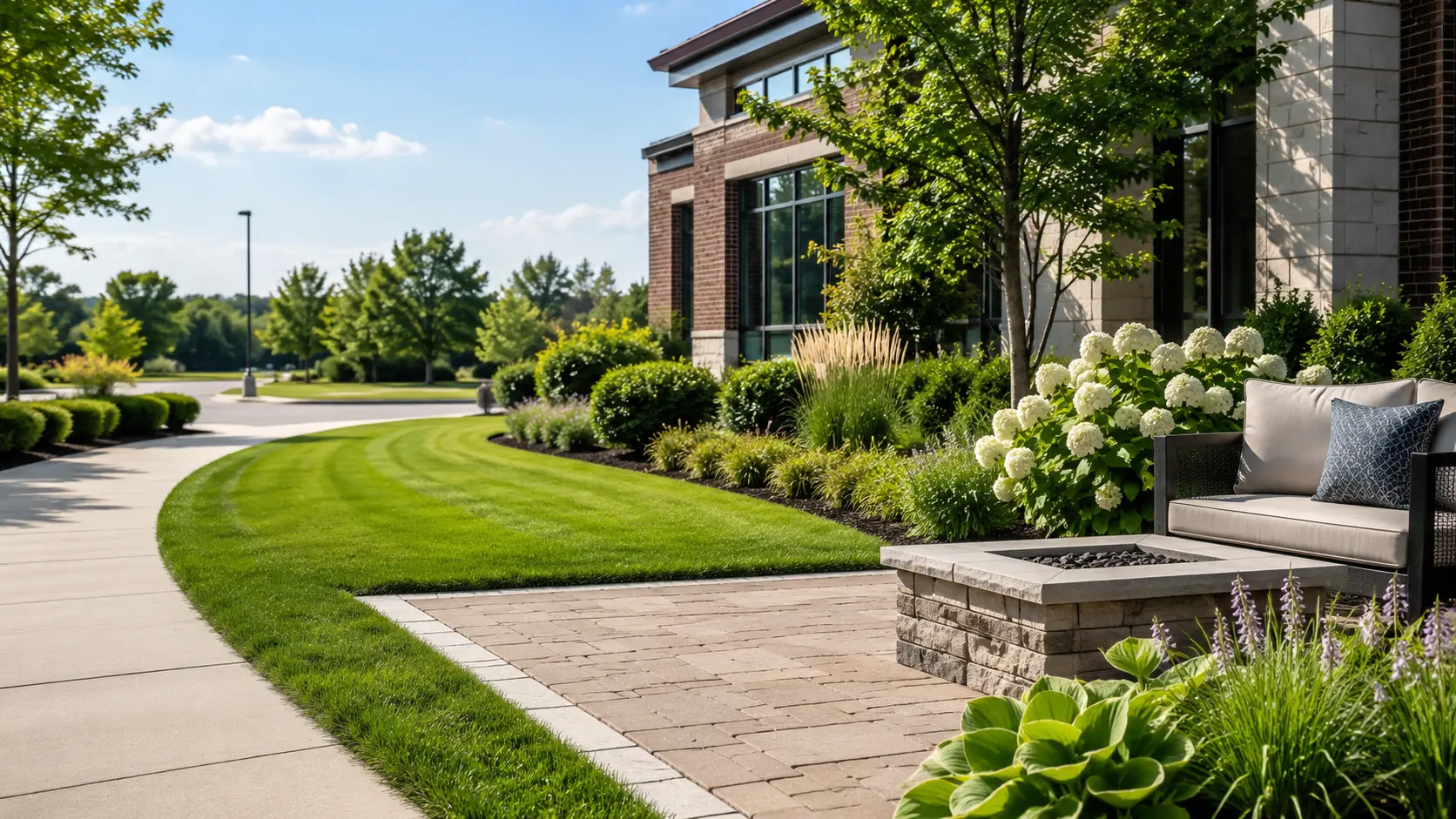 Outdoor property services hero image set in a Chicago suburban environment